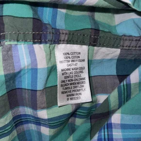 Merona Mens Large Button Up Shirt Green Blue 100% Cotton - Picture 5 of 5